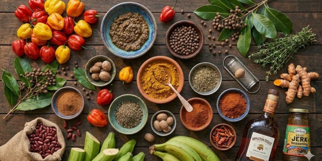 Popular Jamaican spices and seasonings including allspice, Scotch bonnet peppers, thyme, garlic, and traditional Caribbean herbs.