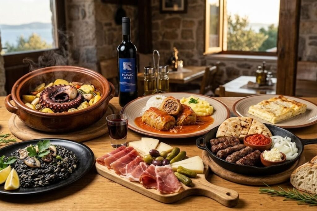 Selection of popular traditional Croatian dishes featuring grilled meats, seafood, stews, pastries, and authentic regional specialties.