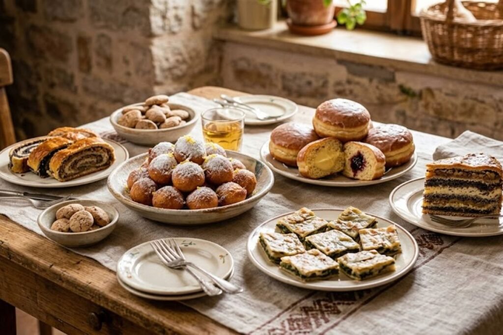 Traditional Croatian desserts featuring layered cakes, pastries, strudels, and sweet treats beautifully presented on a rustic table.