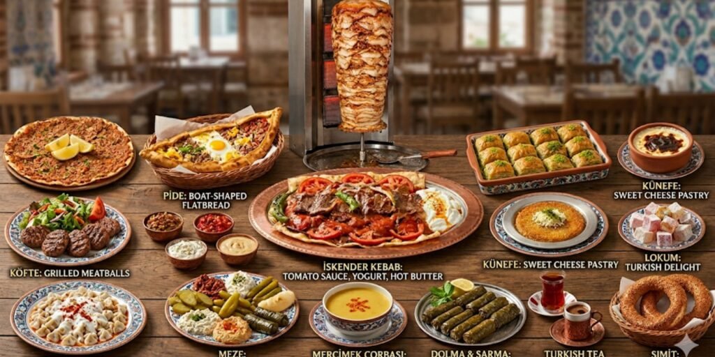 Alt Text:
A professional food photography layout of famous Turkish dishes labeled with their names on a wooden table, featuring İskender kebab, a döner spit, lahmacun, pide, köfte, mantı, mezze, lentil soup, stuffed vine leaves, simit, Turkish tea, coffee, baklava, künefe, sütlaç, and Turkish delight.