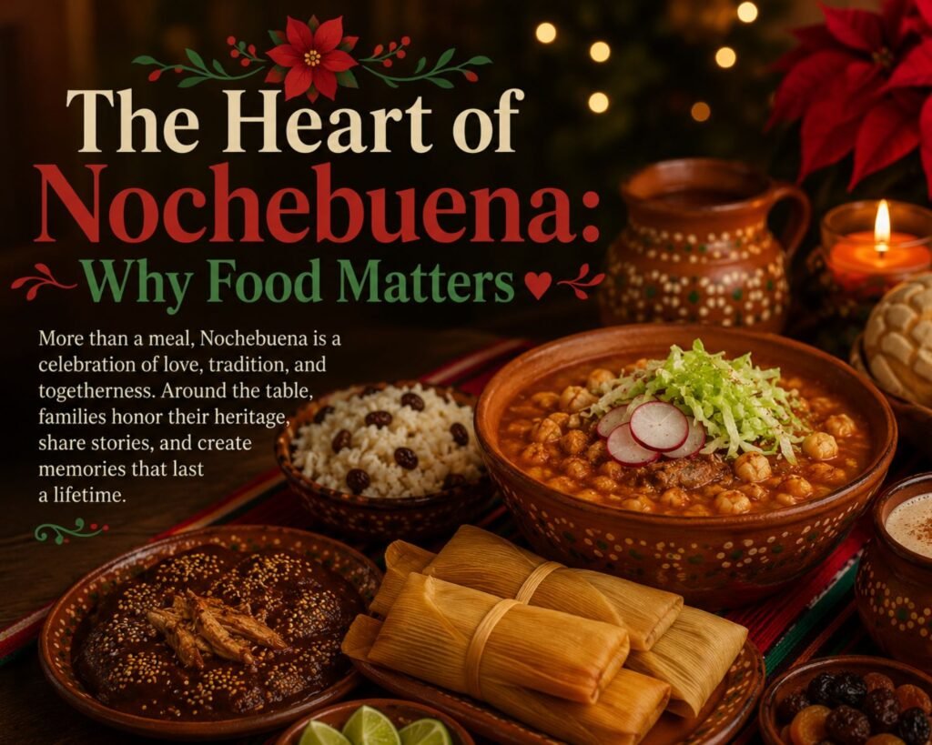 A festive Nochebuena dinner table filled with traditional Mexican holiday dishes, glowing candlelight, warm seasonal decorations, and comforting foods that symbolize family, tradition, togetherness, and Christmas celebration.