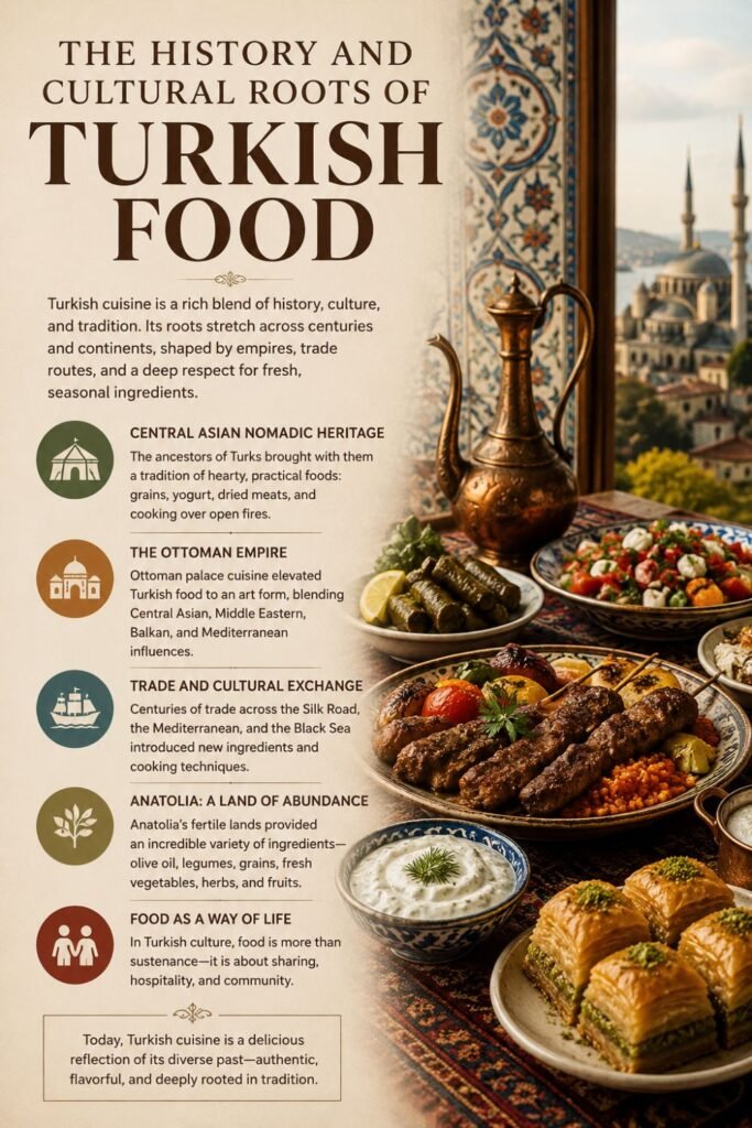 Traditional Turkish dishes including kebabs, dolma, yogurt dip, fresh salad, and baklava displayed on a richly decorated table with Ottoman-inspired décor and a historic Turkish cityscape in the background.