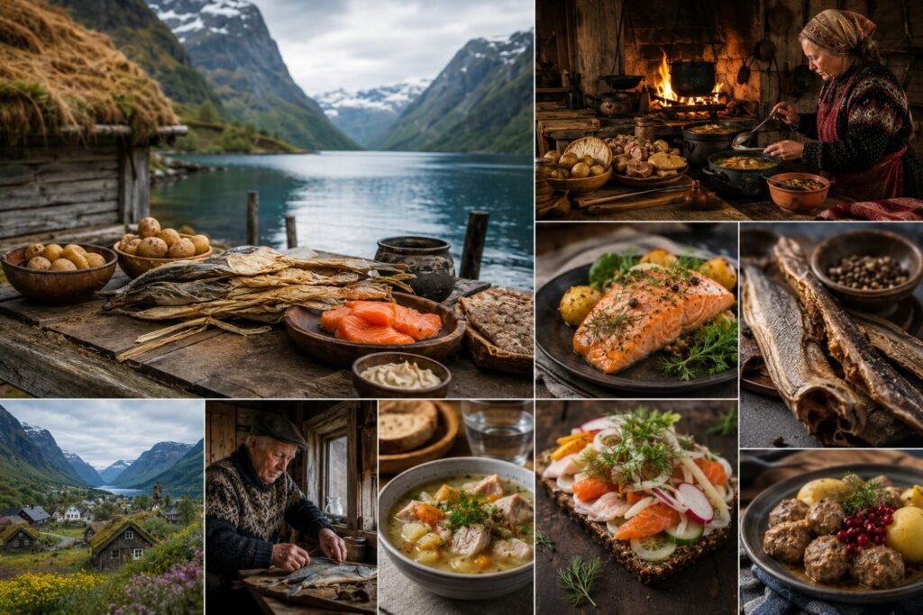A professional collage showcasing Norwegian food culture, featuring scenic fjords, traditional wooden cabins, rustic cooking by a fireplace, fresh salmon, dried fish, open-faced sandwiches, hearty soups, meat dishes, and picturesque mountain villages that reflect Norway’s rich culinary heritage and traditions.