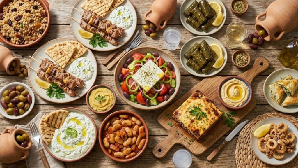 Traditional Greek food inspired by ancient culinary traditions, featuring rustic Mediterranean ingredients and classic Greek dishes.