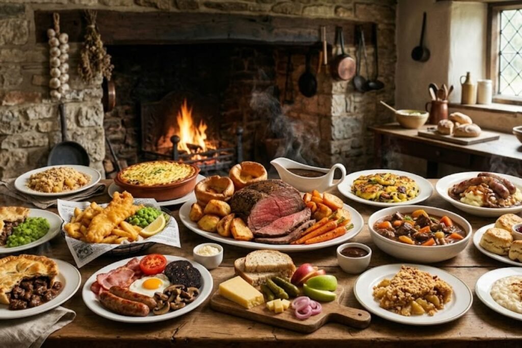 Traditional British foods and historic culinary ingredients showcasing the rich heritage and evolution of British cuisine.