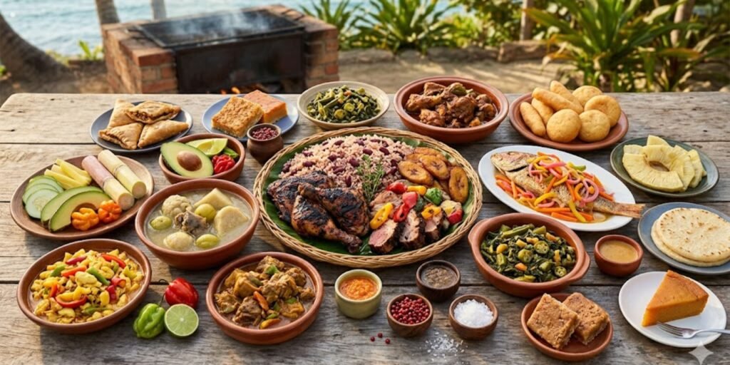 Jamaican Food featuring authentic jerk chicken grilled over pimento wood