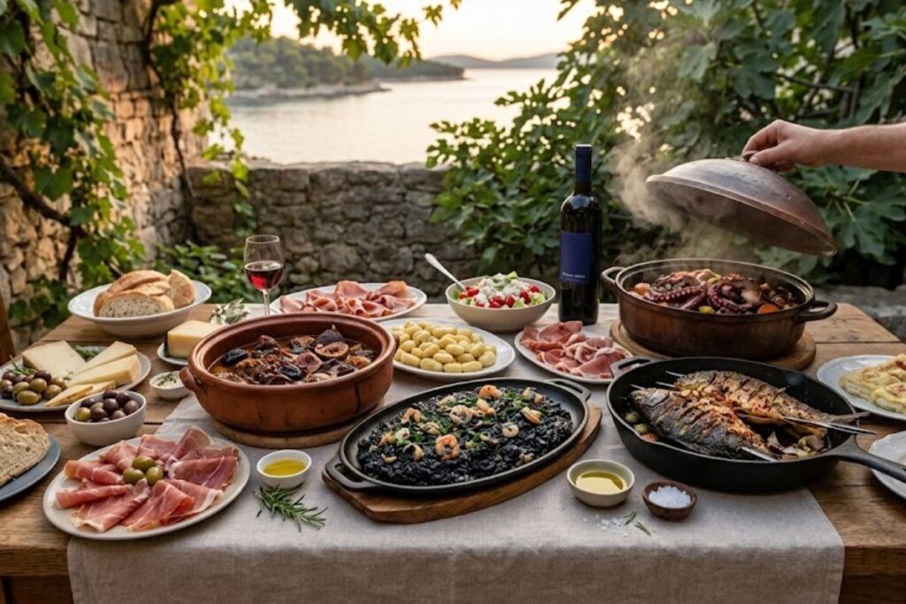 Traditional Croatian cuisine ingredients and rustic dishes showcasing the rich culinary heritage and historical influences of Croatia.