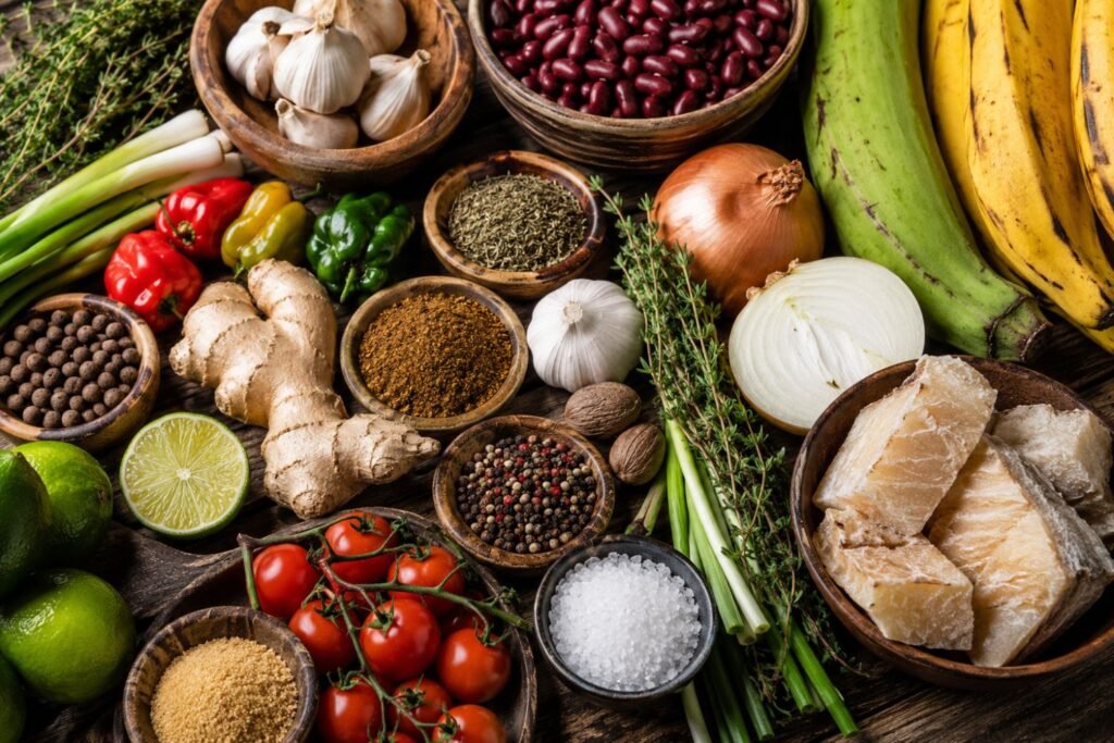 A professional overhead food photography composition featuring essential Jamaican cooking ingredients, including plantains, kidney beans, garlic, onions, thyme, ginger, scallions, peppers, limes, spices, salt, and salted fish arranged on a rustic wooden table with warm natural lighting.