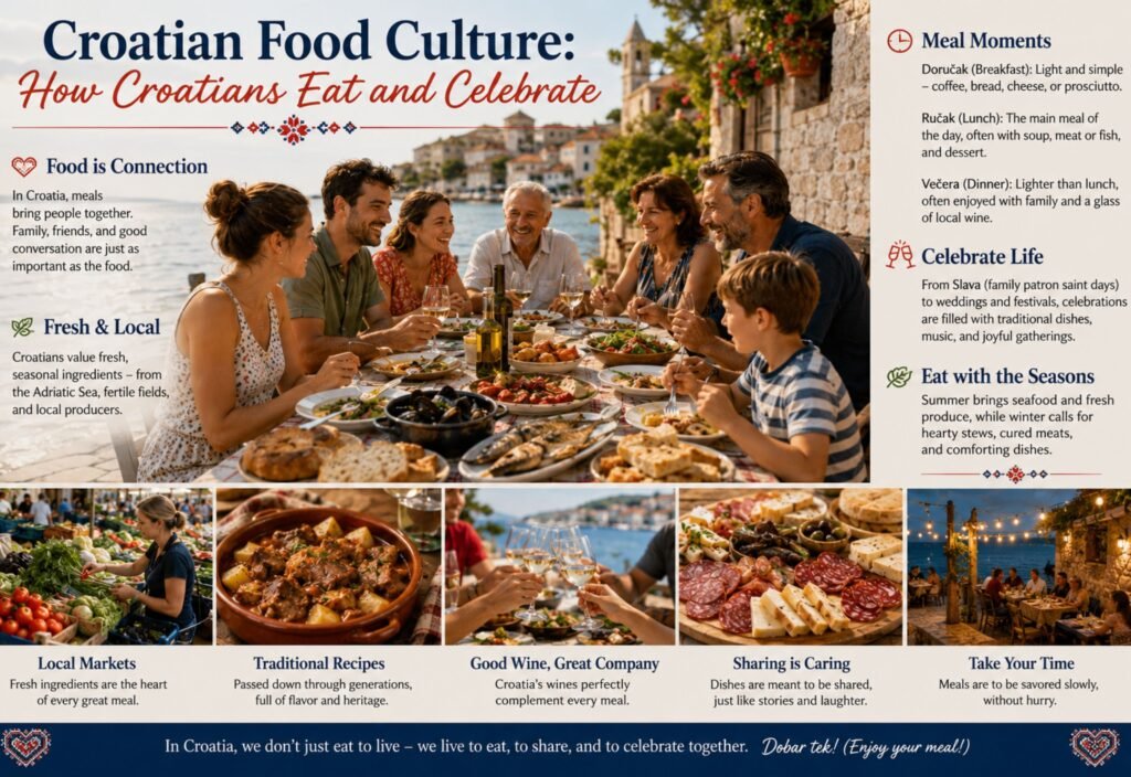 Traditional Croatian food and festive dining scene featuring regional dishes, shared family meals, and cultural celebrations in a warm, authentic setting.