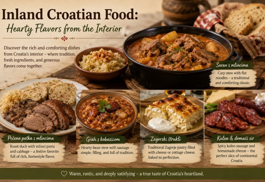 Traditional inland Croatian dishes featuring hearty stews, roasted meats, sausages, cheese, and rustic comfort food.