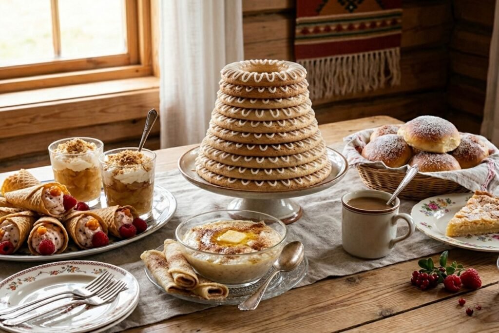 A rustic, wooden table laden with a professional spread of traditional Norwegian desserts and sweet treats.
