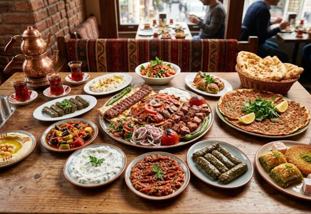 A professional, high-resolution top-down view of a rustic wooden table filled with a traditional Turkish feast, featuring a large platter of mixed kebabs, plates of mezze like hummus and stuffed grape leaves, flatbreads, Turkish tea in tulip glasses, a traditional copper teapot, and a dessert platter with baklava.