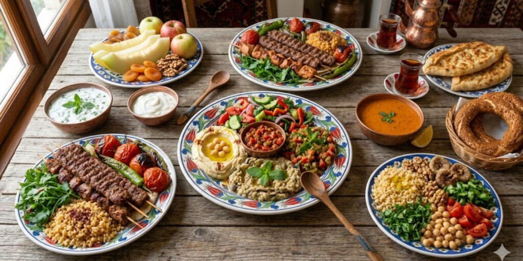 A high-resolution overhead photograph of a healthy Mediterranean-style Turkish meal spread out on a rustic wooden table. The display features colorful, pattern-rimmed ceramic plates filled with grilled lean meats (like chicken and lamb skewers), whole grains (including bulgur pilaf), a variety of fresh mezze (such as hummus, roasted eggplant dip, and tzatziki), and a fresh garden salad.