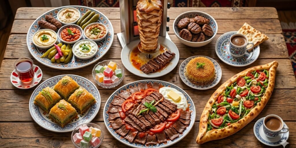 A professional, high-resolution food photography layout featuring a global selection of popular Turkish dishes arranged on a rustic wooden table. The spread includes a large central platter of İskender kebab with sliced meat, tomatoes, and yogurt, alongside a small vertical döner kebab roasting spit