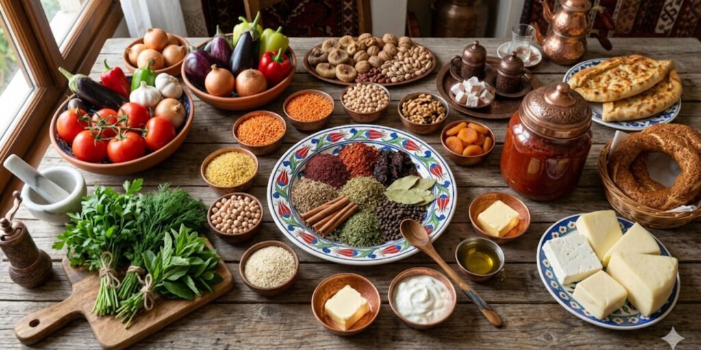 A rich overhead photograph capturing a diverse array of traditional Turkish food ingredients and spices spread across a rustic wooden table. The central focus is a large, ornate ceramic plate holding a variety of whole and ground spices like sumac, paprika, cumin seeds, and cinnamon sticks.
