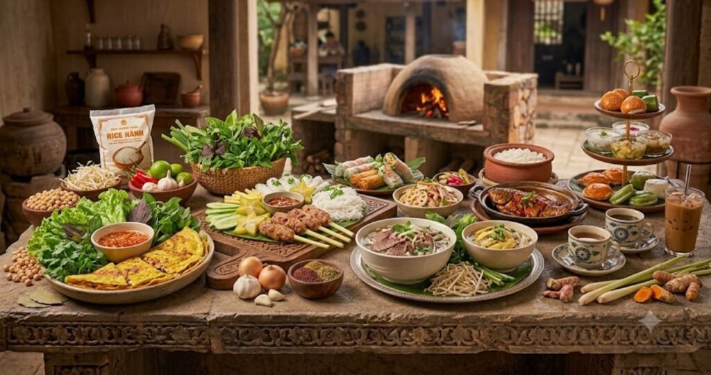 Traditional Vietnamese food featuring pho, banh mi, fresh spring rolls, and authentic dishes made with fresh herbs and vibrant flavors.