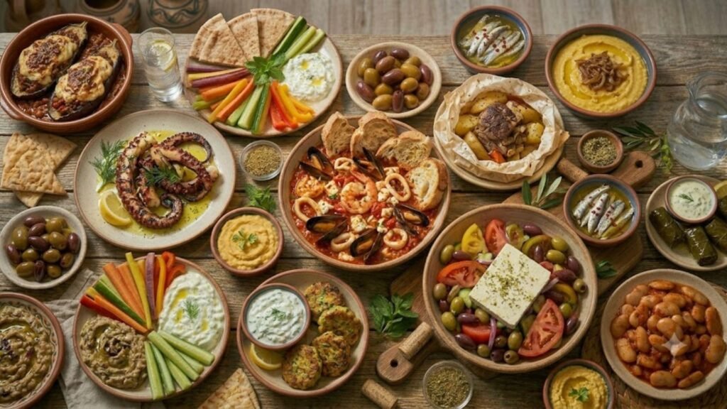 Authentic Greek food served at a traditional taverna, featuring classic Mediterranean dishes and local specialties.