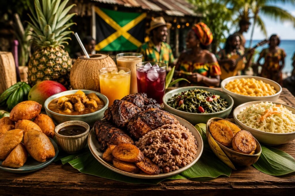 A professional overhead food photography composition featuring essential Jamaican cooking ingredients, including plantains, kidney beans, garlic, onions, thyme, ginger, scallions, peppers, limes, spices, salt, and salted fish arranged on a rustic wooden table with warm natural lighting.