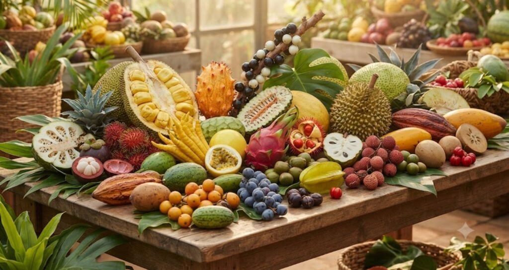 30 Rare Fruits Around the World showcasing a colorful collection of exotic fruits including mangosteen, rambutan, durian, finger lime, kiwano, jabuticaba, and dragon fruit from different countries.