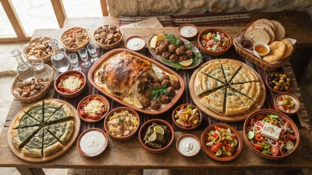 Albanian food served during a traditional family gathering with coffee