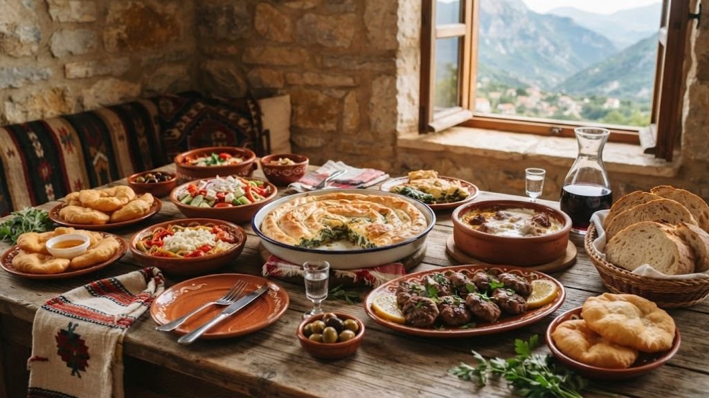 Traditional Albanian food featuring authentic dishes served on a rustic table.