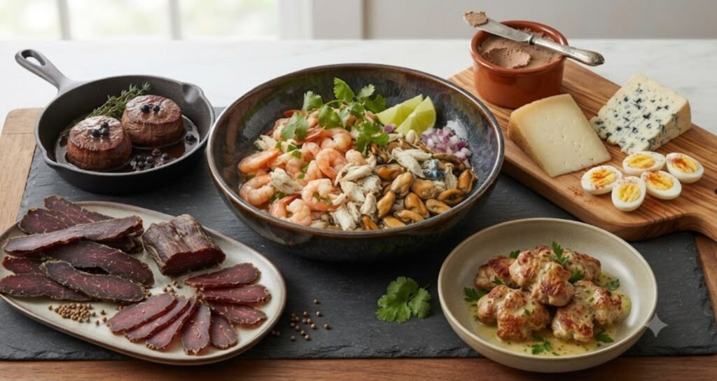 Best Animal-Based Foods High in Zinc including oysters, beef, lamb, chicken, eggs, and seafood on a healthy meal platter.