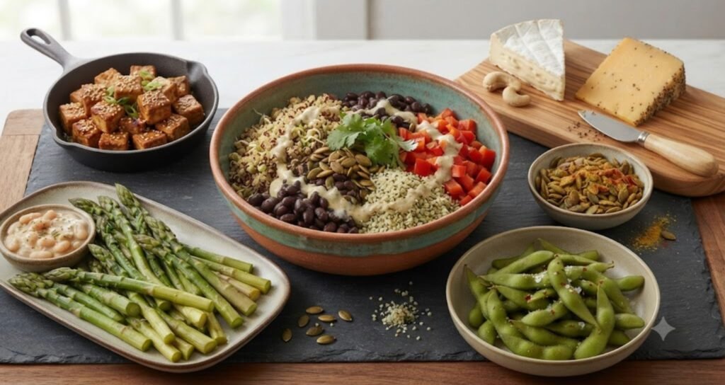 Foods high in zinc for vegetarians and vegans including lentils, chickpeas, tofu, quinoa, pumpkin seeds, cashews, beans, and whole grains displayed in healthy bowls.