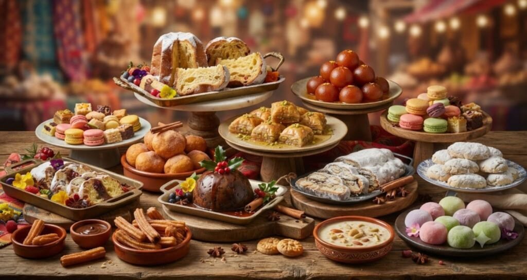 Famous Festival Desserts showcasing traditional sweet treats from around the world, including mooncakes, baklava, gulab jamun, mochi, panettone, and Christmas pudding.