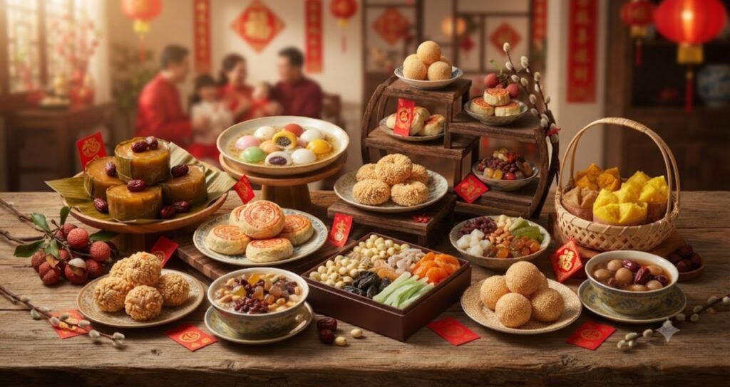 Famous Lunar New Year Desserts featuring traditional festive sweets such as mooncakes, nian gao, tangyuan, pineapple tarts, and sesame balls enjoyed across Asia.