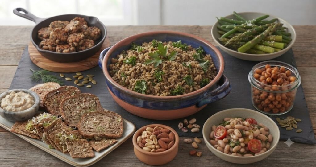 Foods that reduce zinc absorption including high-phytate whole grains, bran, legumes, and spinach displayed alongside zinc-rich foods for comparison.