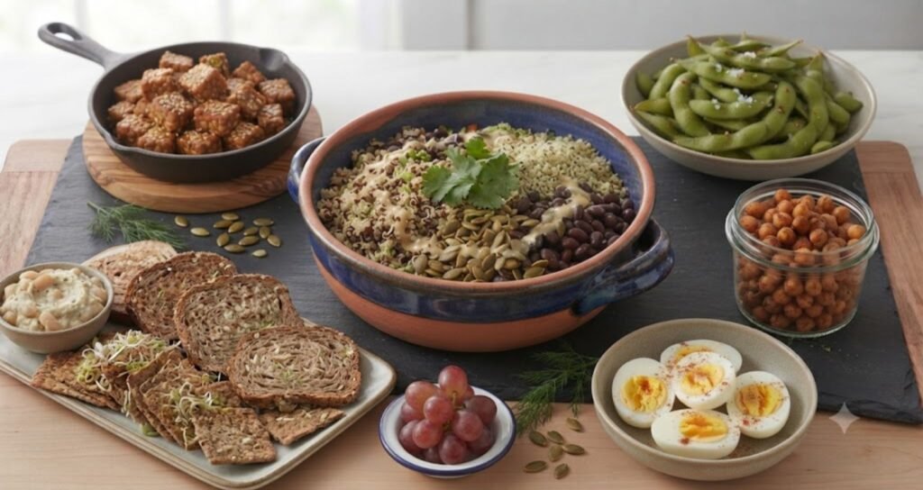 Foods that improve zinc absorption including lean meat, citrus fruits, fermented foods, dairy, and vitamin C-rich vegetables served in a balanced meal.