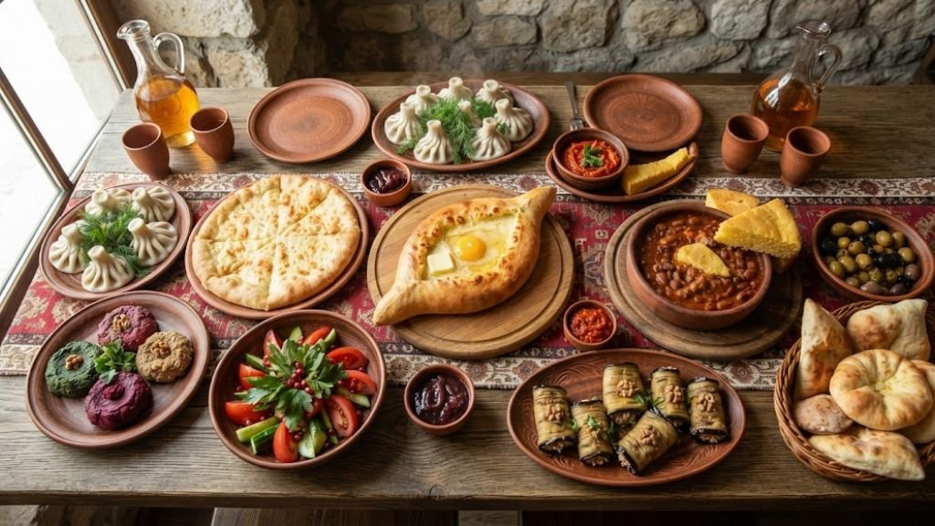Georgian food served during a traditional supra feast with wine