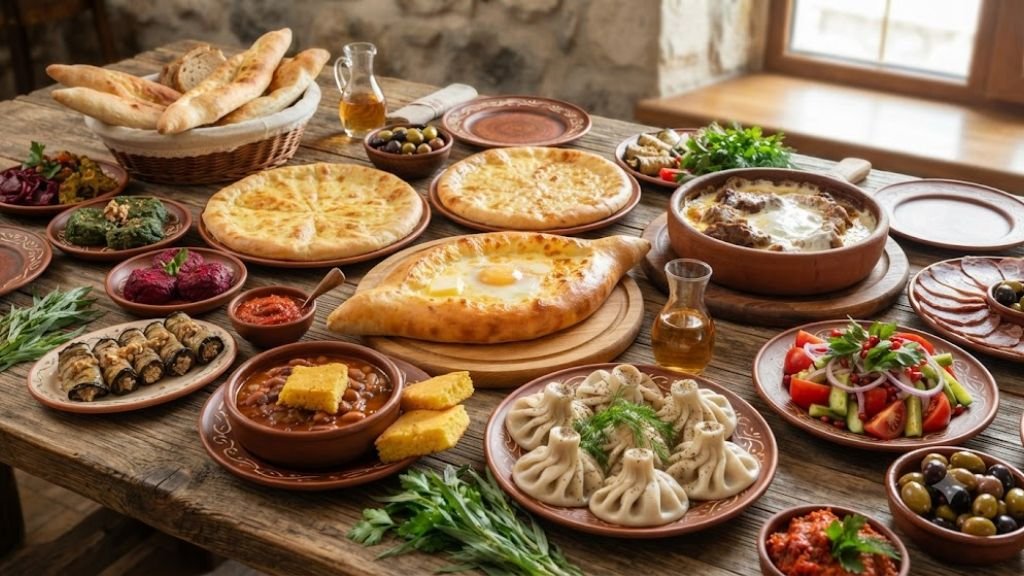 Traditional Georgian food spread with khachapuri and wine on a wooden table