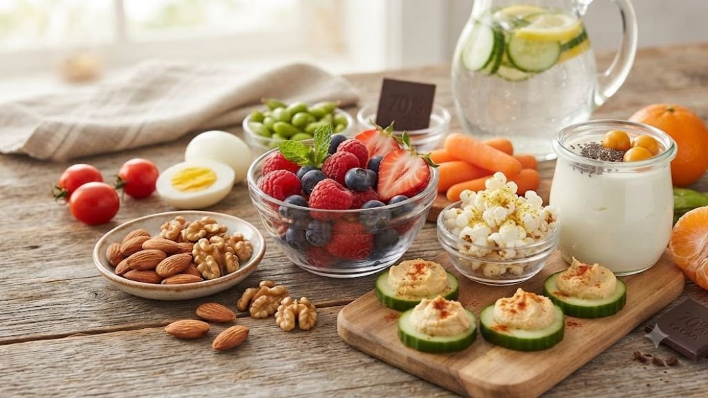 A colorful plate of healthy snacks under 100 calories including fruit and nuts