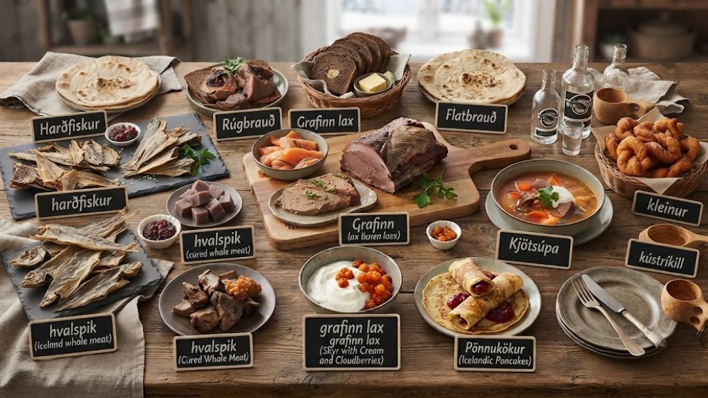 Icelandic food served during a traditional family dinner with coffee