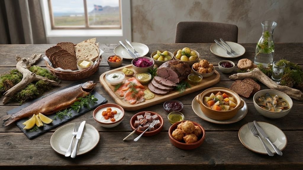 Traditional Icelandic food spread with fish and rye bread on a wooden table