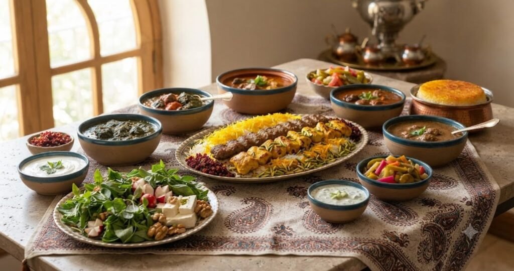 Traditional Iranian Food featuring kebabs, saffron rice, stews, and fresh herbs that showcase the rich flavors of Persian cuisine.