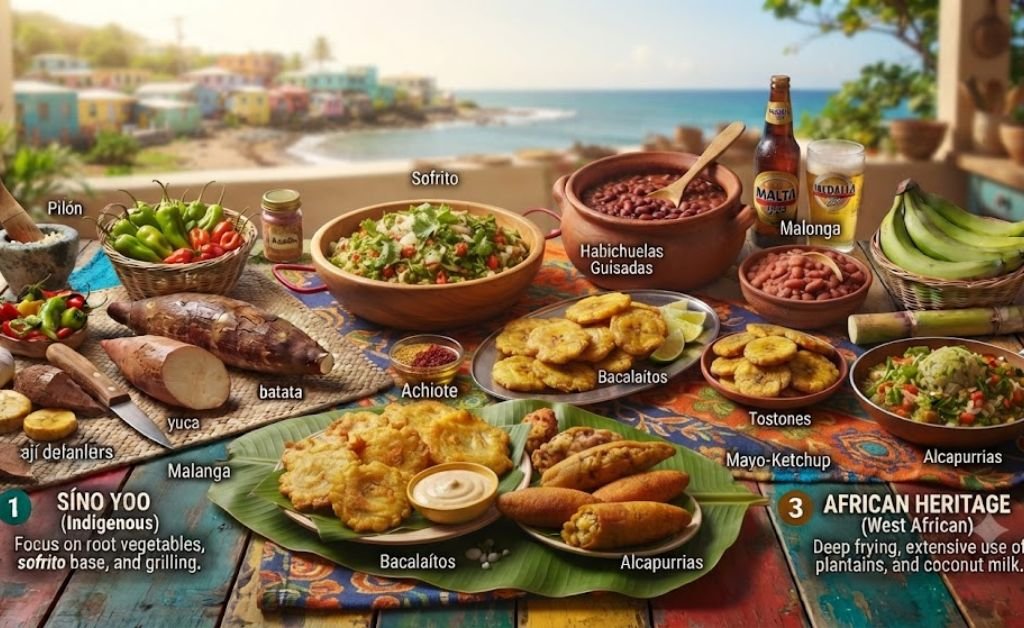 Key Ingredients in Puerto Rican Cooking including sofrito, plantains, rice, beans, adobo seasoning, garlic, cilantro, tropical fruits, and traditional Caribbean spices.