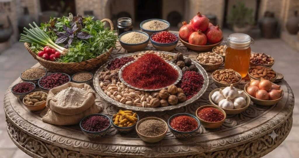 Key ingredients used in Iranian Food, including saffron, rice, pomegranate, walnuts, fresh herbs, lamb, and aromatic Persian spices.