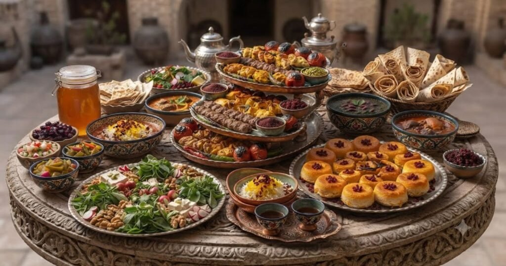 "Iranian food dishes including Ghormeh Sabzi and Tahdig rice"