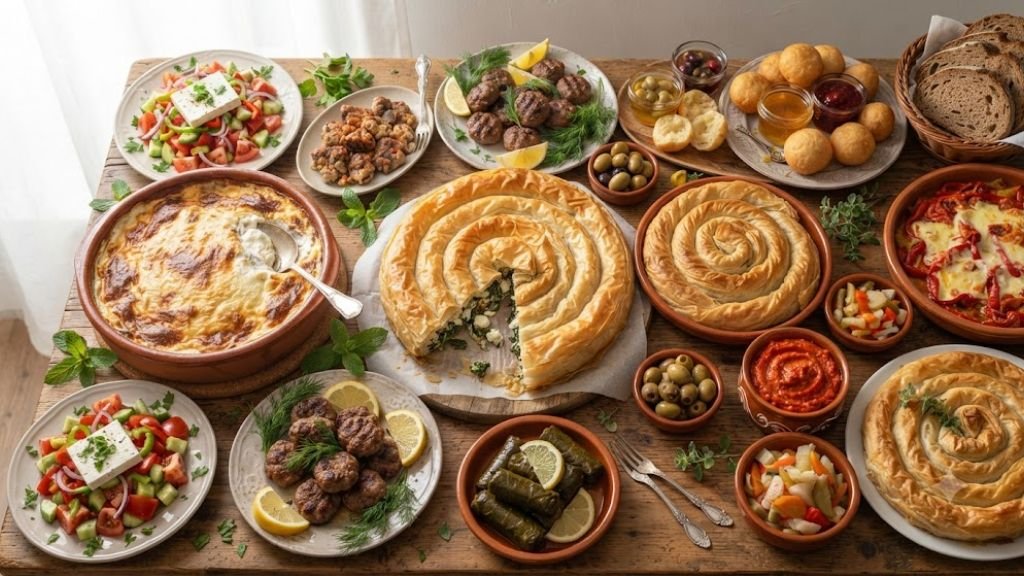 Close-up of golden byrek pastry, a classic Albanian food dish