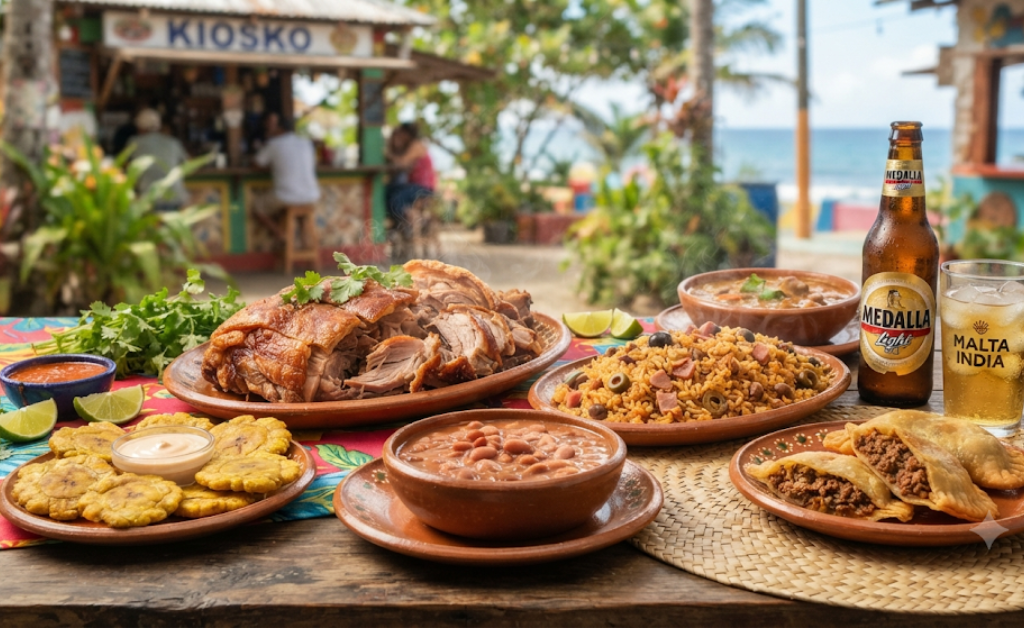 l Puerto Rican cuisine set on a rustic wooden table against the backdrop of a tropical beach kiosk