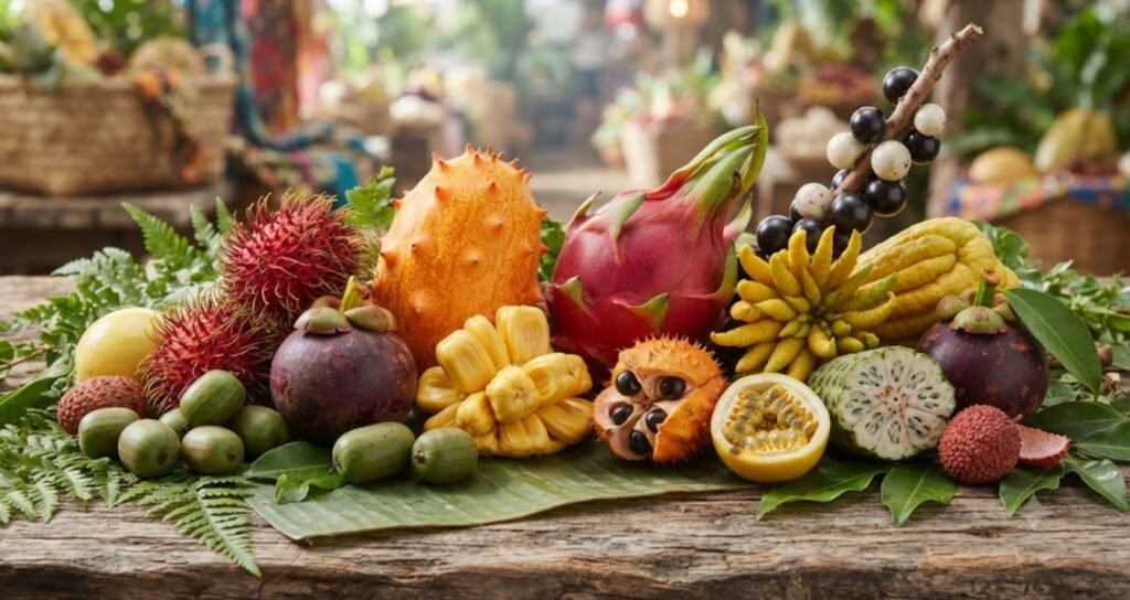 Rare Fruits Around the World featuring a colorful collection of exotic fruits including durian, mangosteen, rambutan, dragon fruit, Buddha's hand, and kiwano.