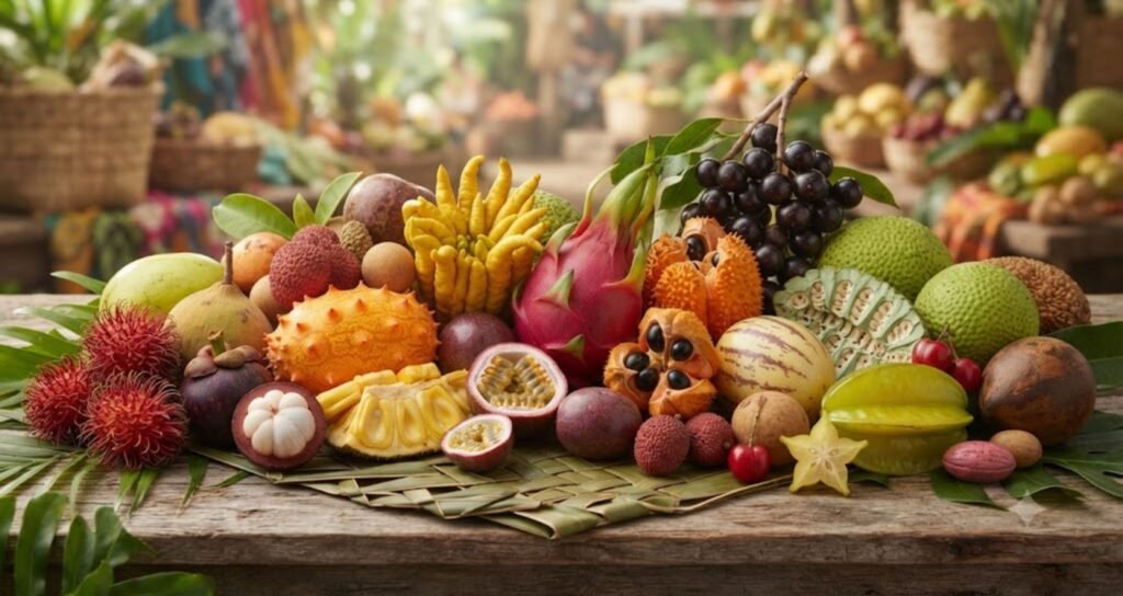 Rare Tropical Fruits Around the World featuring exotic tropical fruits such as durian, mangosteen, rambutan, jackfruit, soursop, salak, and dragon fruit from diverse tropical regions.