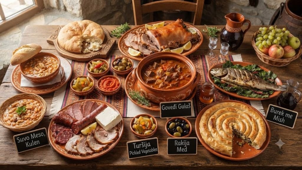 Serbian food served during a traditional family gathering with rakija