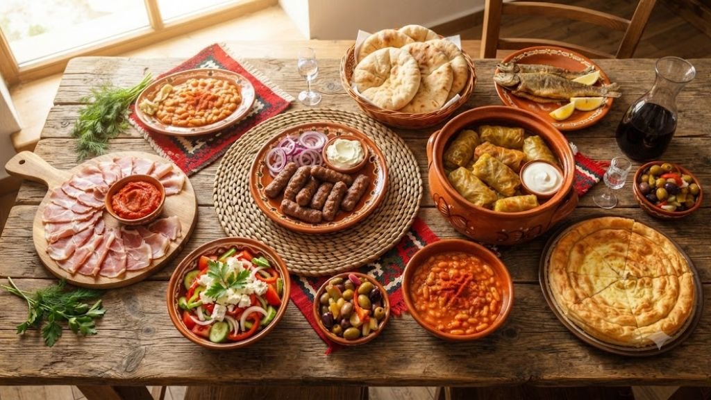 Traditional Serbian food featuring grilled meats, ćevapi, fresh bread, cheeses, and regional specialties.