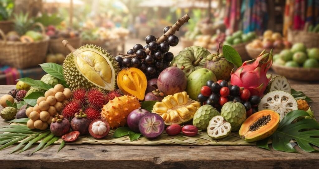 The Sweetest Rare Fruits Around the World featuring naturally sweet exotic fruits such as mangosteen, cherimoya, black sapote, lucuma, rambutan, and ice cream bean.