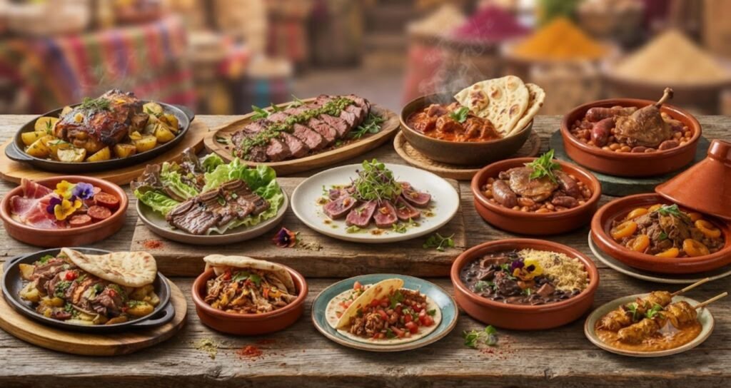 "traditional meat dishes around the world served on a rustic table"