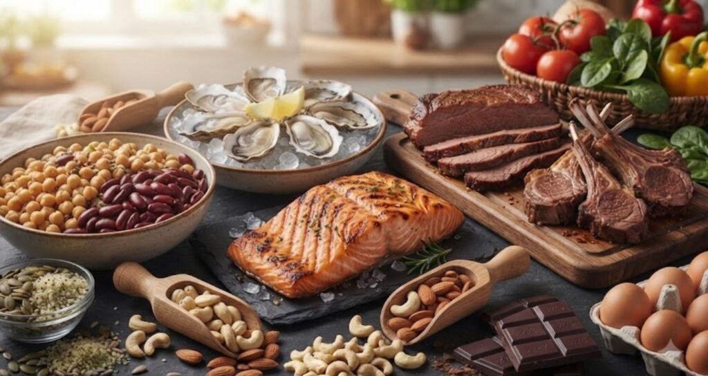 What Is Zinc and Why Is It Important? Illustration showing zinc-rich foods such as oysters, beef, pumpkin seeds, eggs, nuts, and legumes that support immunity, growth, wound healing, and overall health.