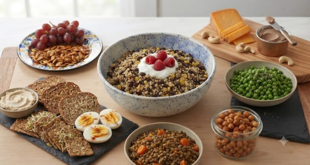 Zinc-rich foods for kids including eggs, yogurt, cheese, chicken, beans, whole grains, and fruit served in a colorful, child-friendly meal.